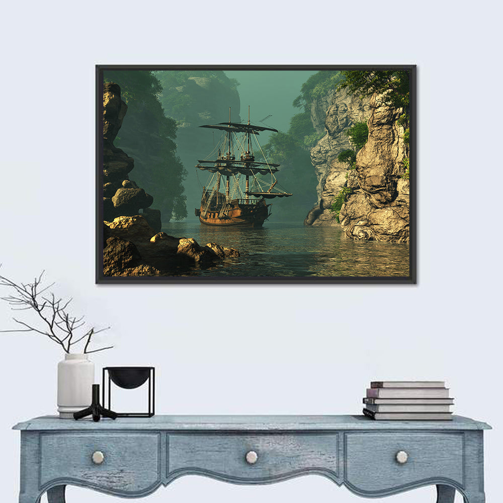 16th Century Sailing Ship in Gorge Wall Art in a room, landscape