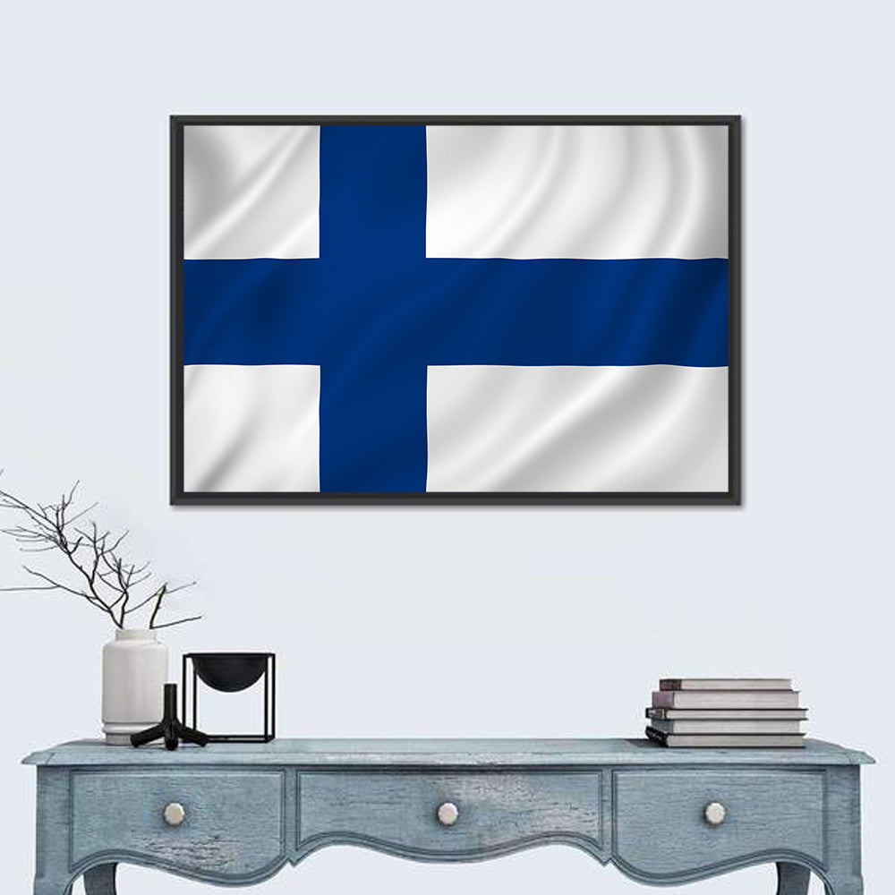 Finnish Flag with Rippling Texture Wall Art in a room, landscape