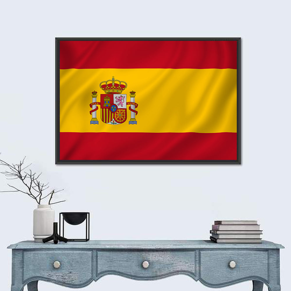 Spanish Flag with Coat of Arms Wall Art in a room, landscape