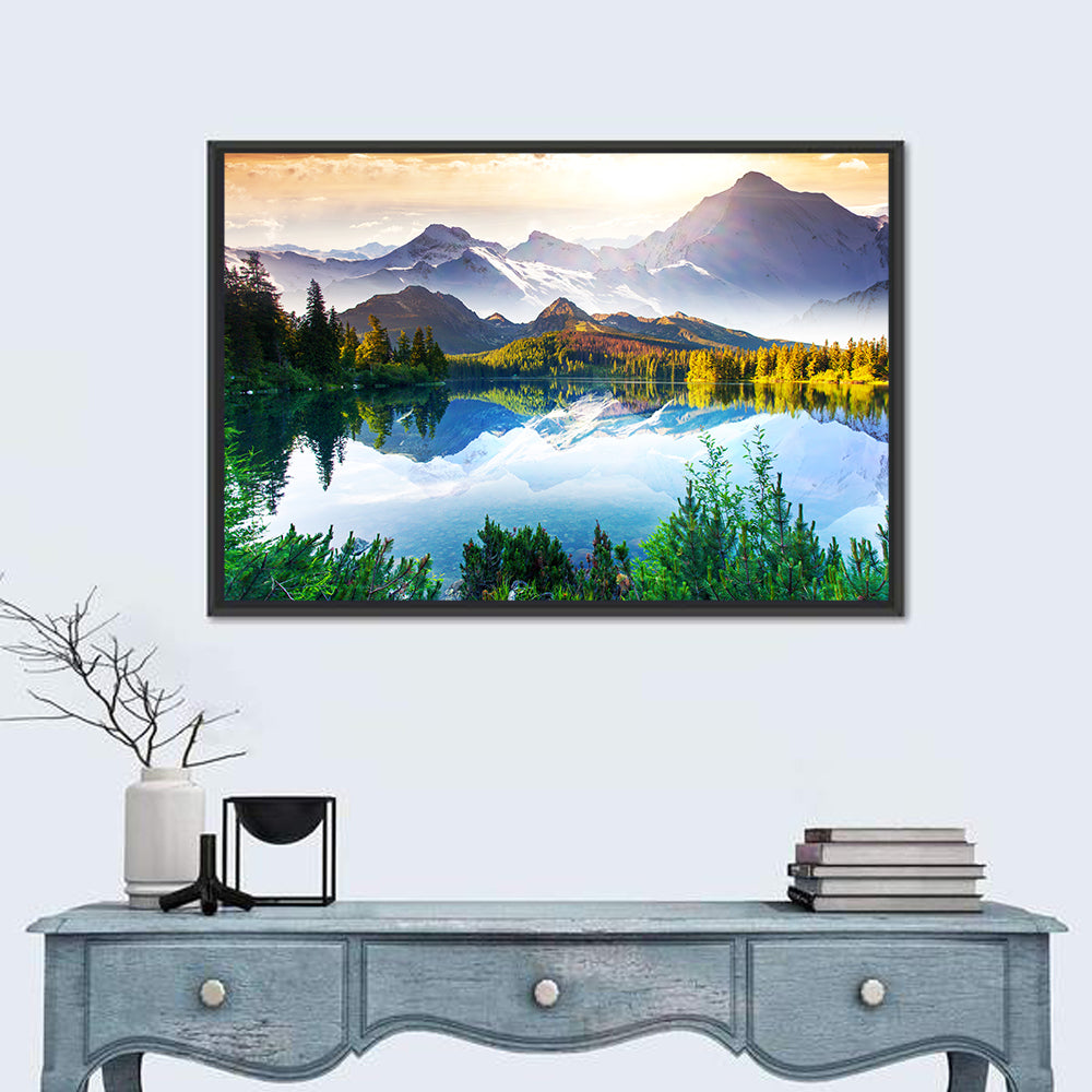 Sunlit Mountain Lake Reflection Wall Art in a room, landscape