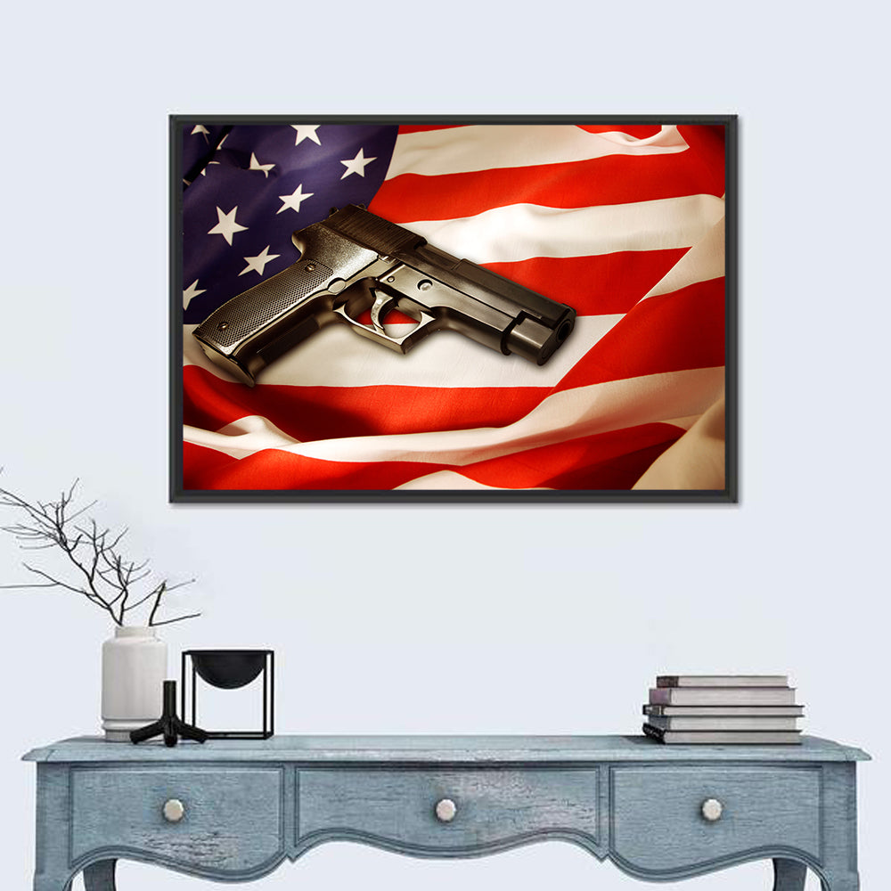 Pistol on Folded American Flag Wall Art in a room, landscape