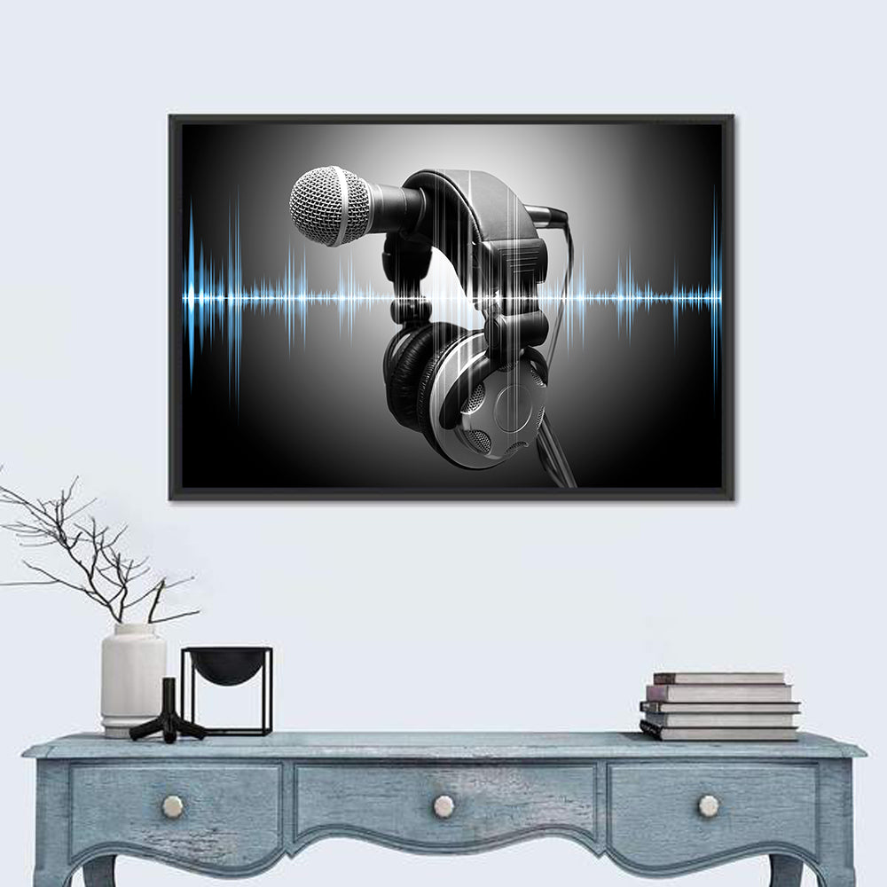Headphones on Microphone with Sound Waves Wall Art in a room, landscape