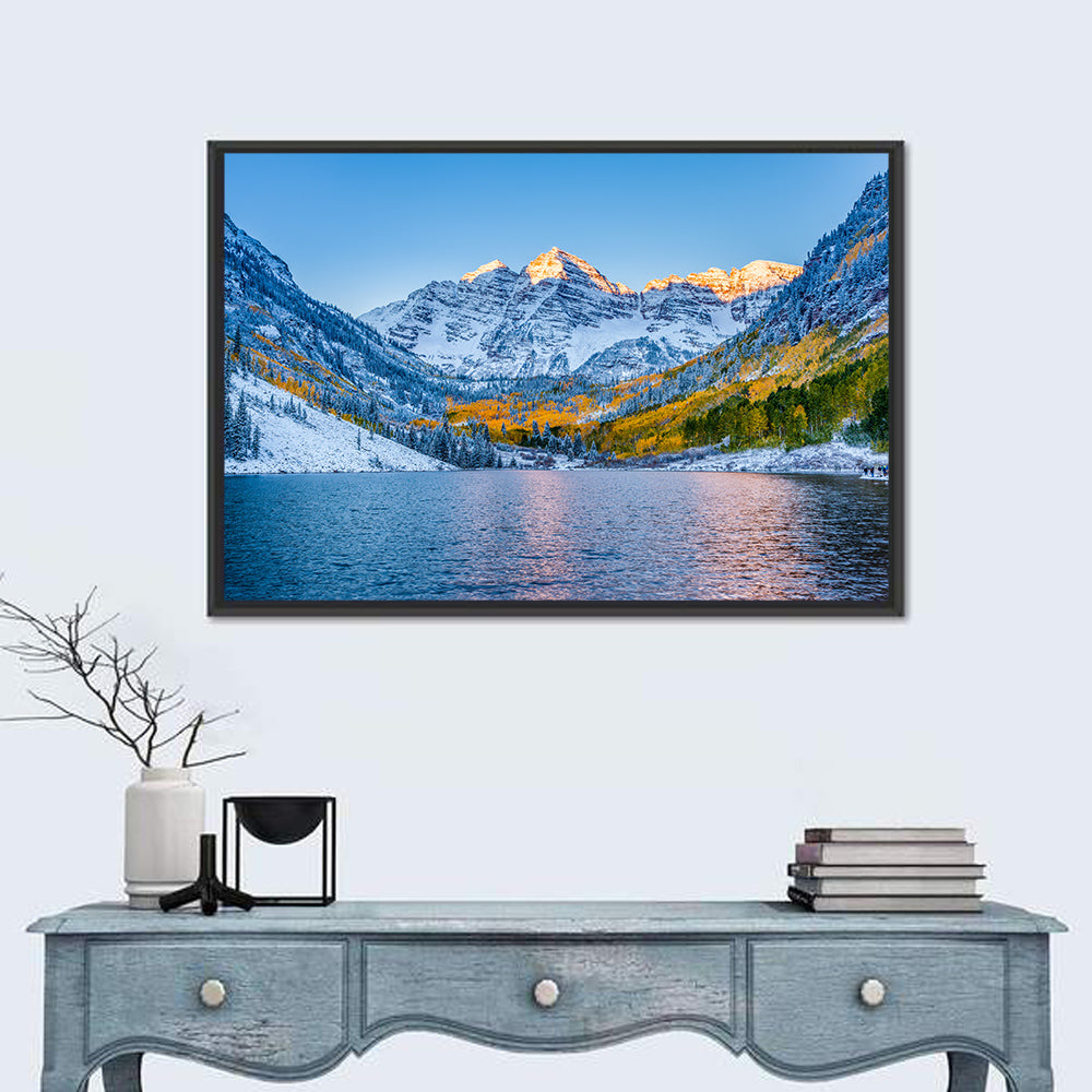 Maroon Bells at Sunrise Wall Art in a room, landscape