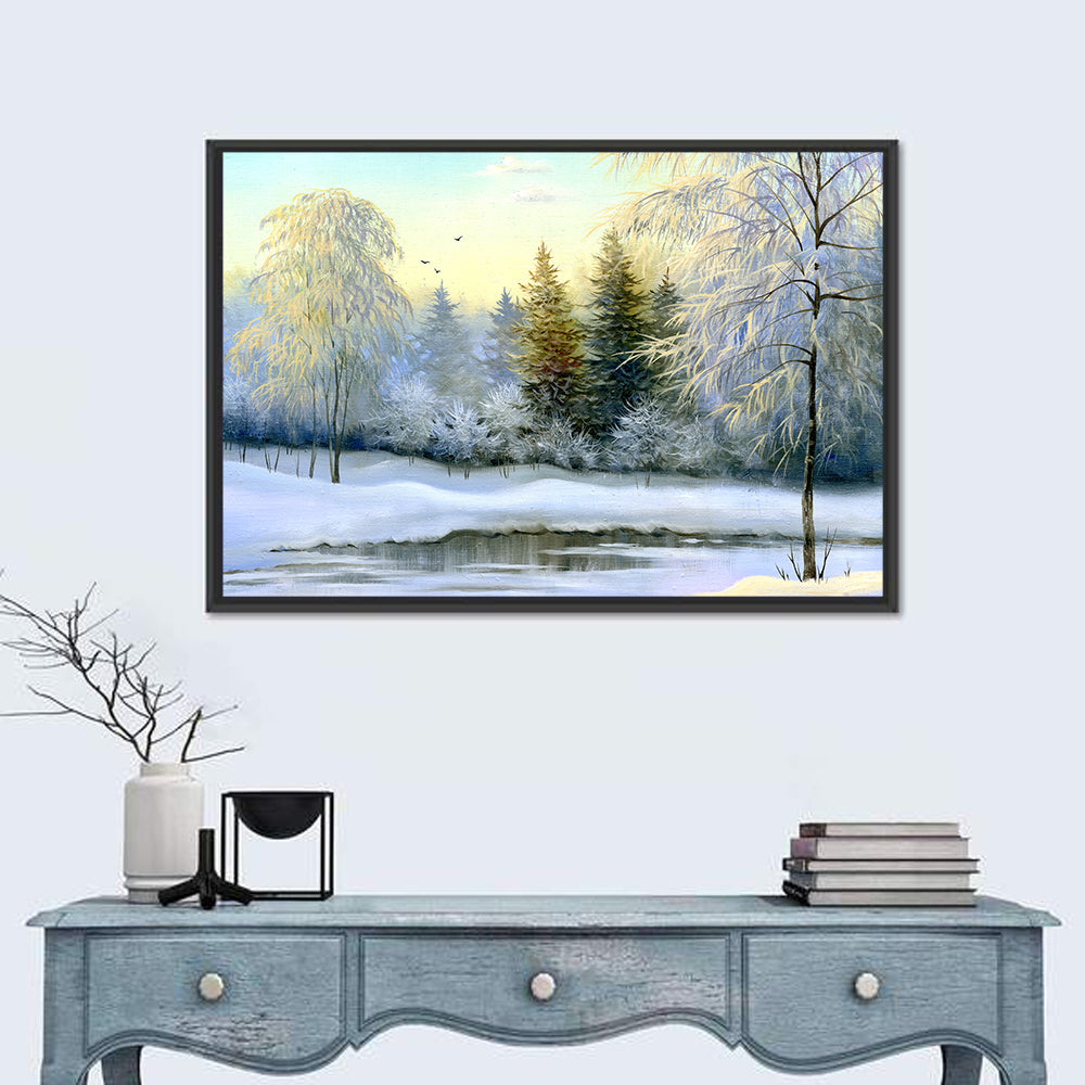 Golden Light on Frozen River Wall Art in a room, landscape