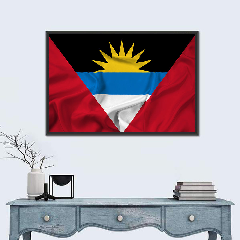 Waving Antigua and Barbuda Flag Wall Art in a room, landscape