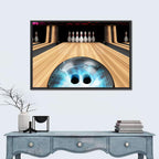 Glowing Blue Bowling Ball on Wooden Lane Wall Art