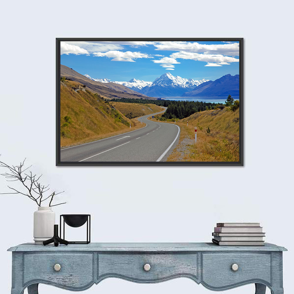 Winding Road to Aoraki Mount Cook Wall Art in a room, landscape