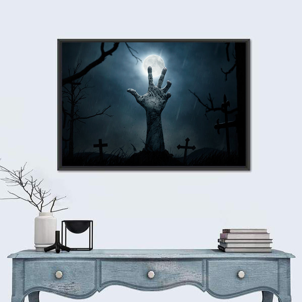 Rising Zombie Hand Under Moonlight Wall Art in a room, landscape