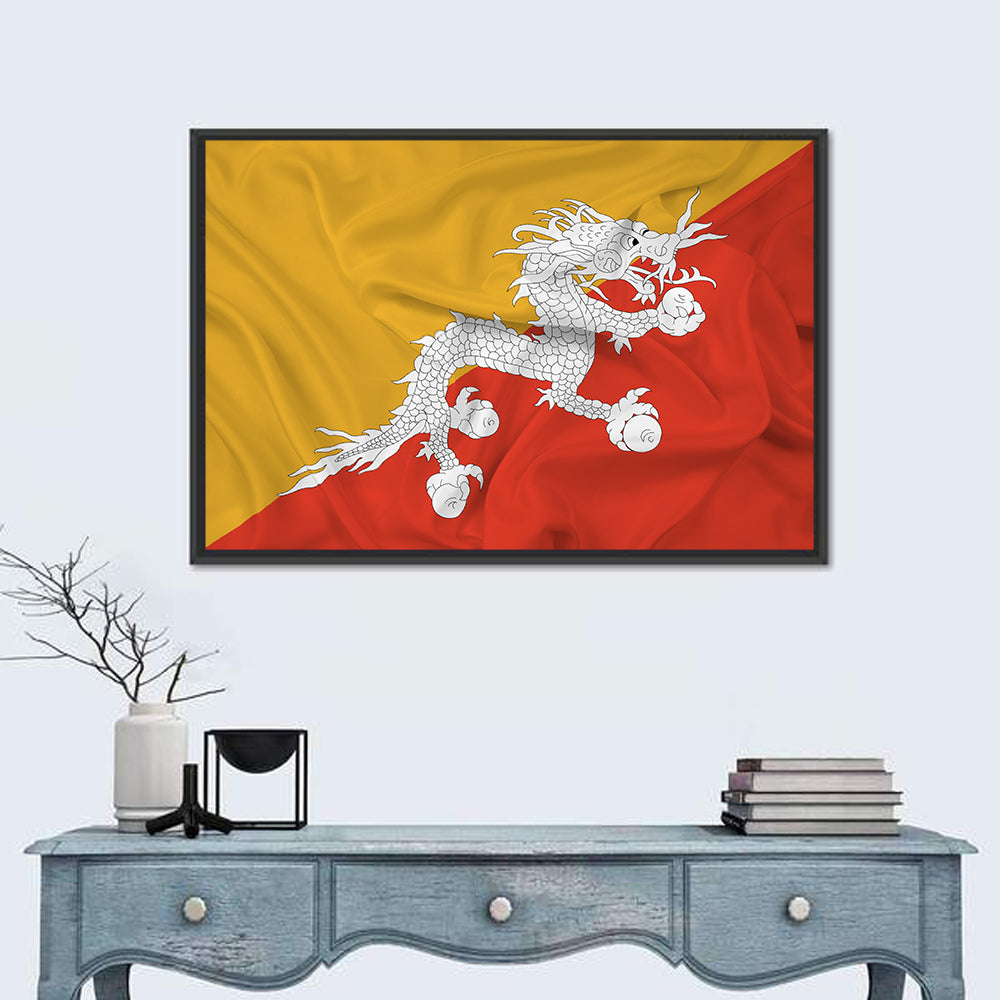 Waving Bhutan Flag Wall Art in a room, landscape