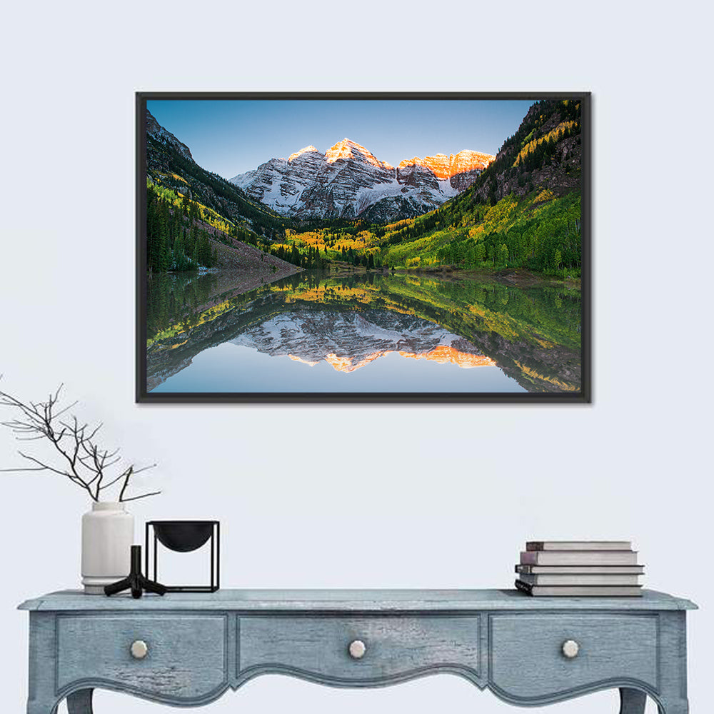 Maroon Bells Sunrise Reflection Wall Art in a room, landscape