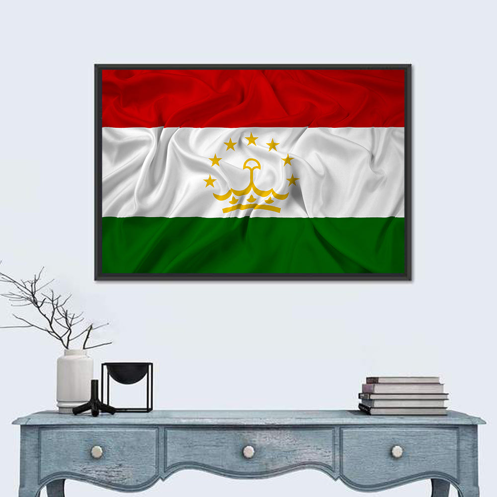Tajikistan Flag with Crown Emblem Wall Art in a room, landscape