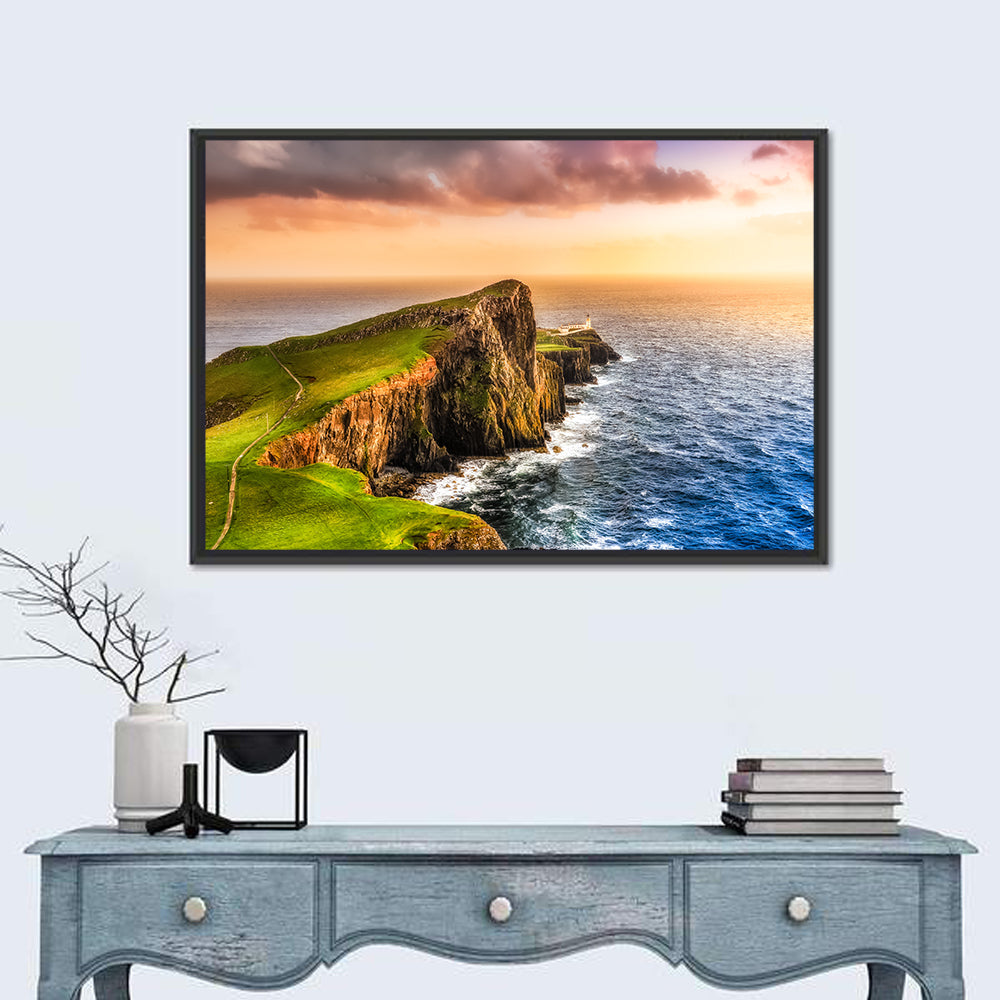 Sunset at Neist Point Lighthouse Wall Art in a room, landscape