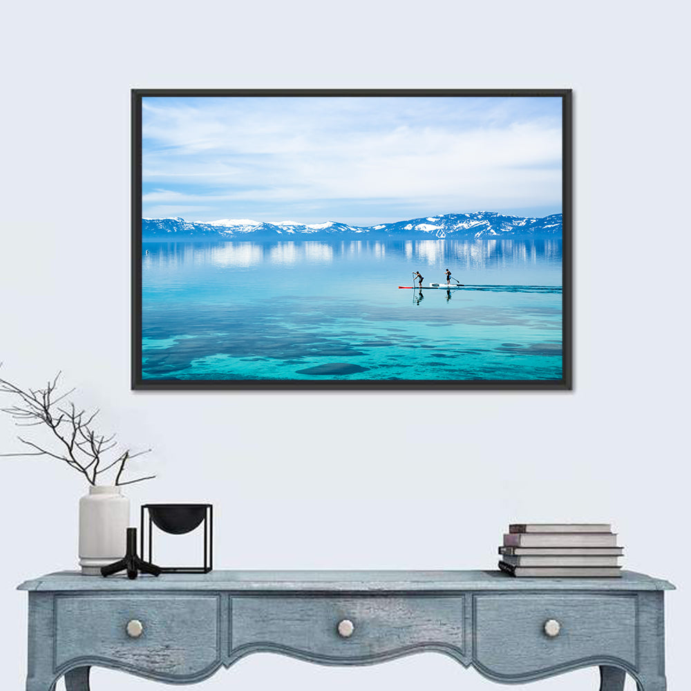 Two Paddleboarders on Mountain Lake Wall Art in a room, landscape