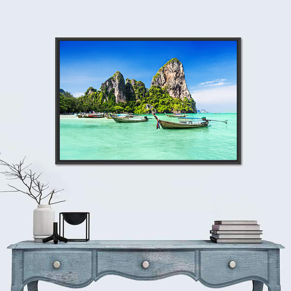 Railay Beach Long-tail Boats Wall Art in a room, landscape