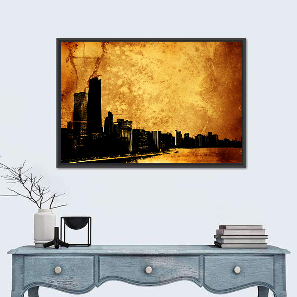 Grunge City Skyline at Dusk Wall Art in a room, landscape