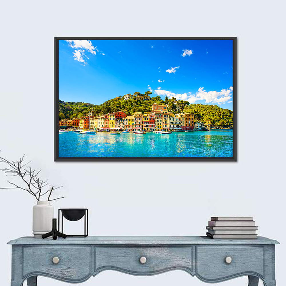 Colorful Portofino Harbor Wall Art in a room, landscape