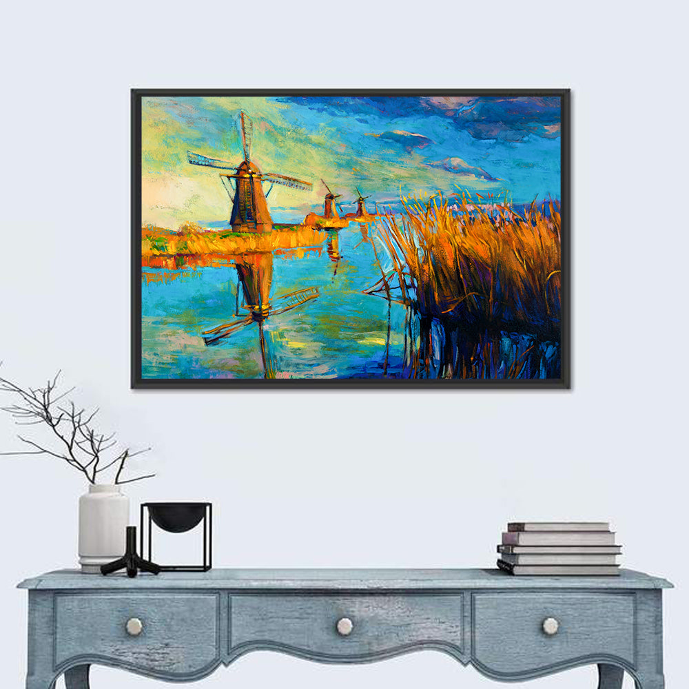 Windmills by the Lake Wall Art in a room, landscape