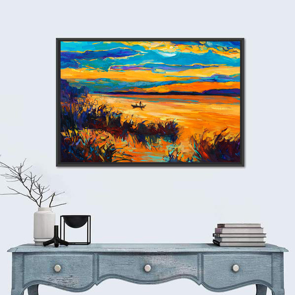 Sunset Boat on Lake Wall Art in a room, landscape