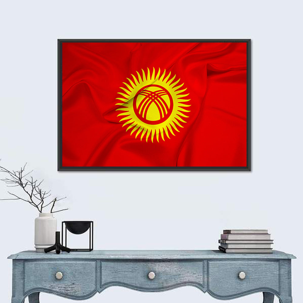 Kyrgyzstan Flag with Tunduk Emblem Canvas Wall Art in a room, landscape