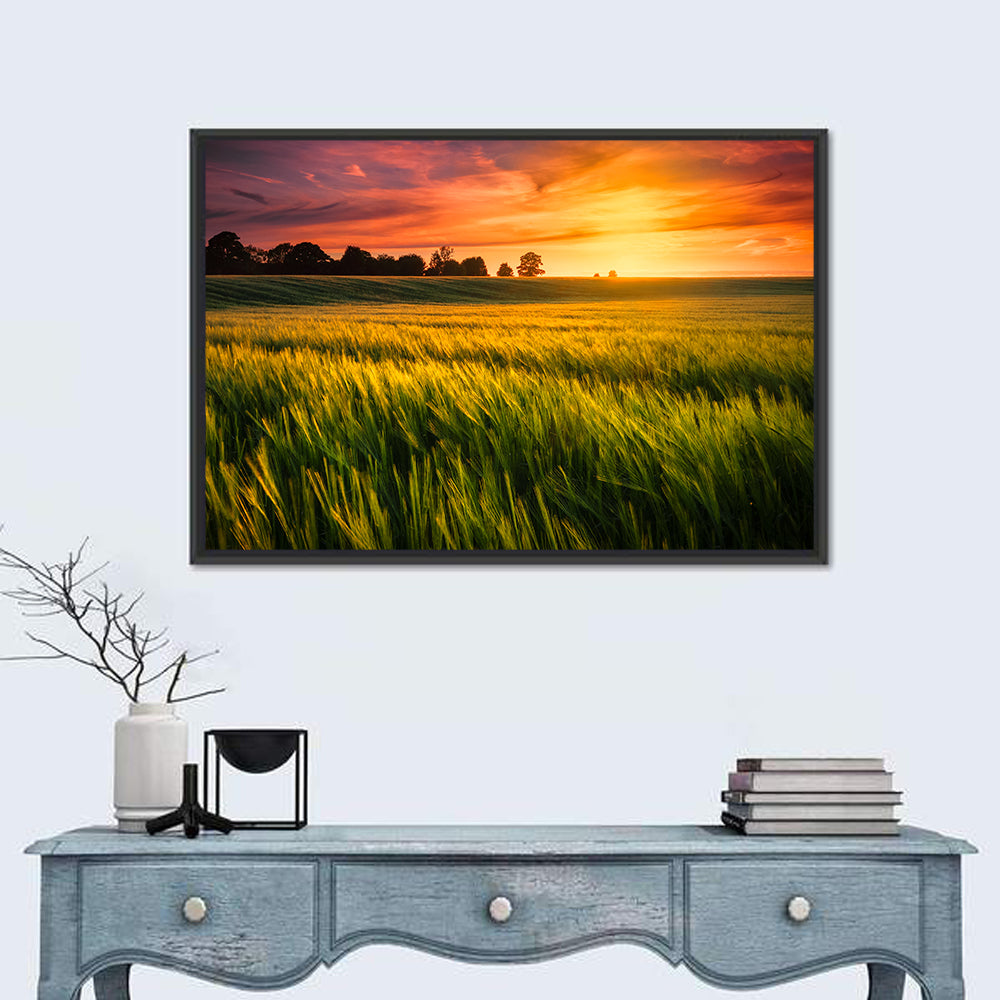 Wheat Field at Golden Hour Wall Art in a room, landscape