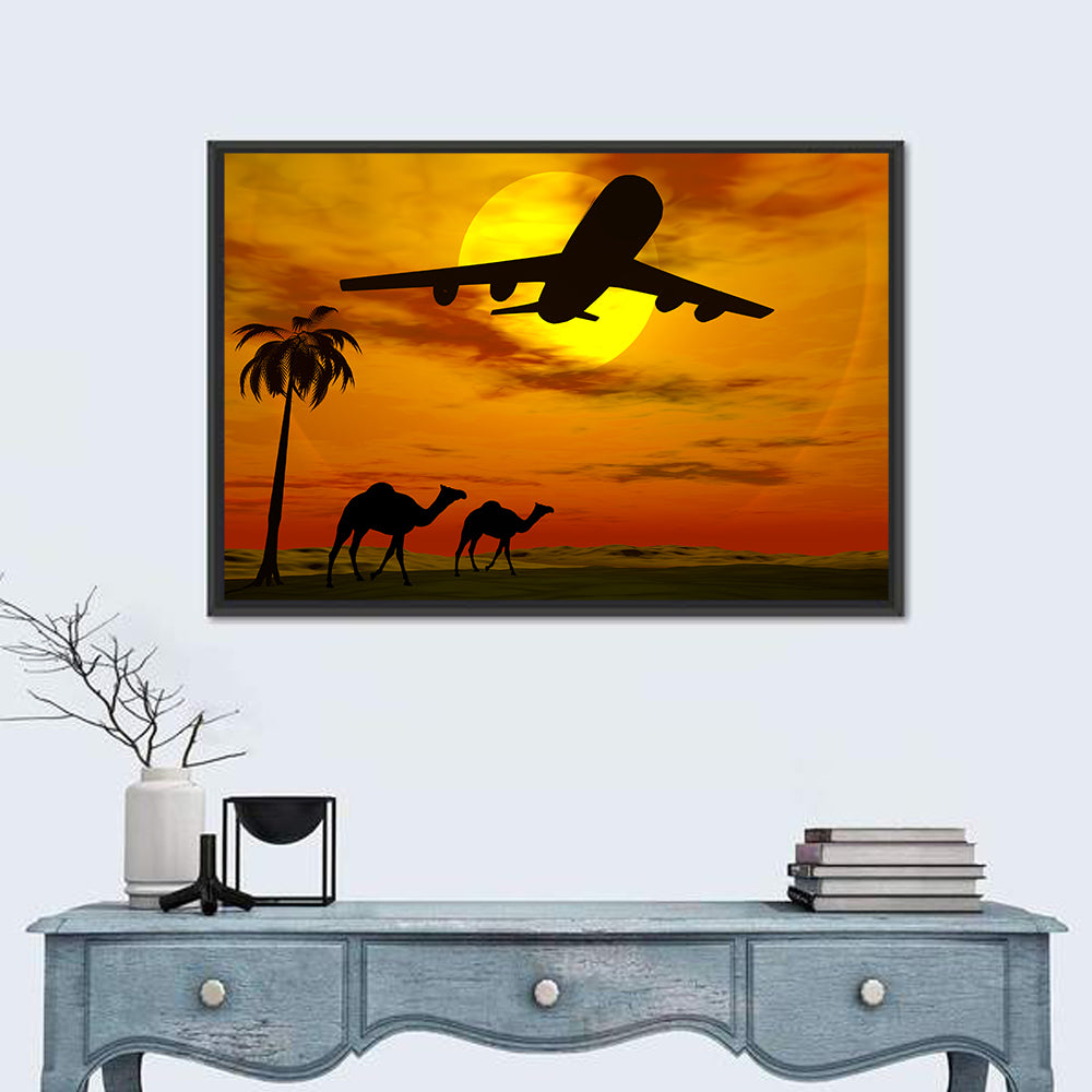 Tropical Sunset Plane Silhouette Wall Art in a room, landscape