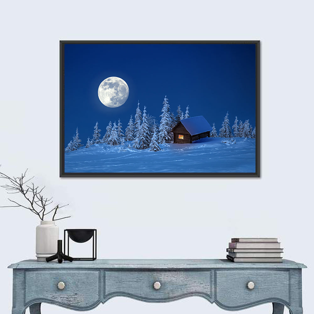 Moonlit Winter Cabin in Forest Wall Art in a room, landscape