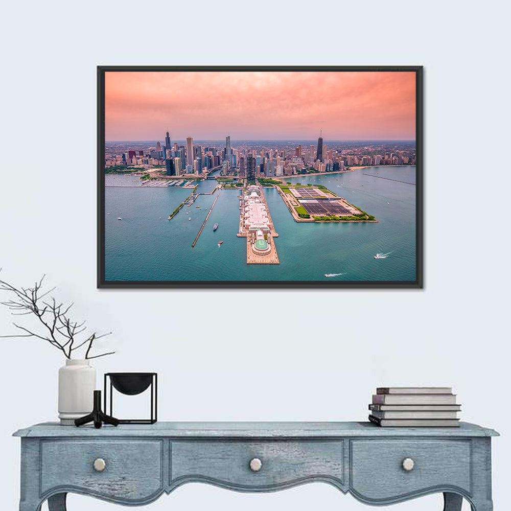 Chicago Navy Pier Skyline Wall Art in a room, landscape
