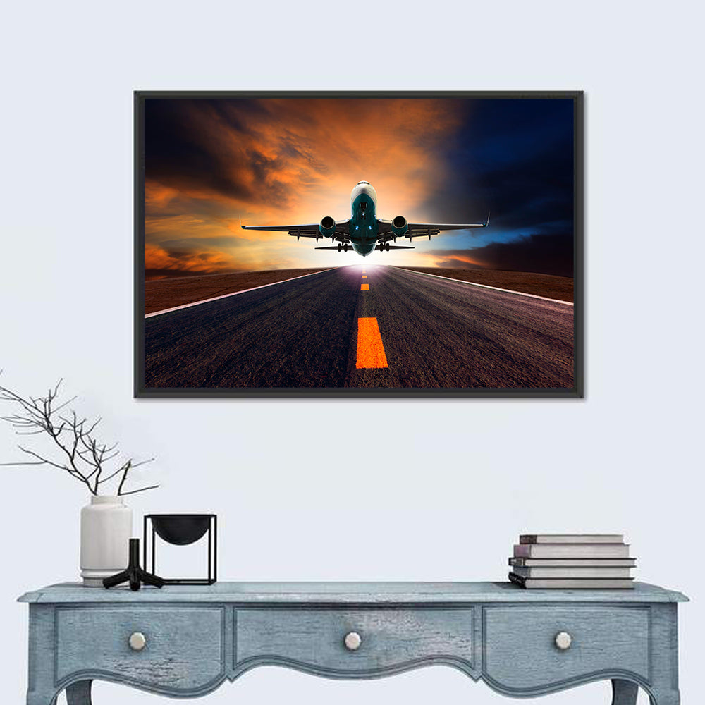 Passenger Jet Landing at Sunset Wall Art in a room, landscape