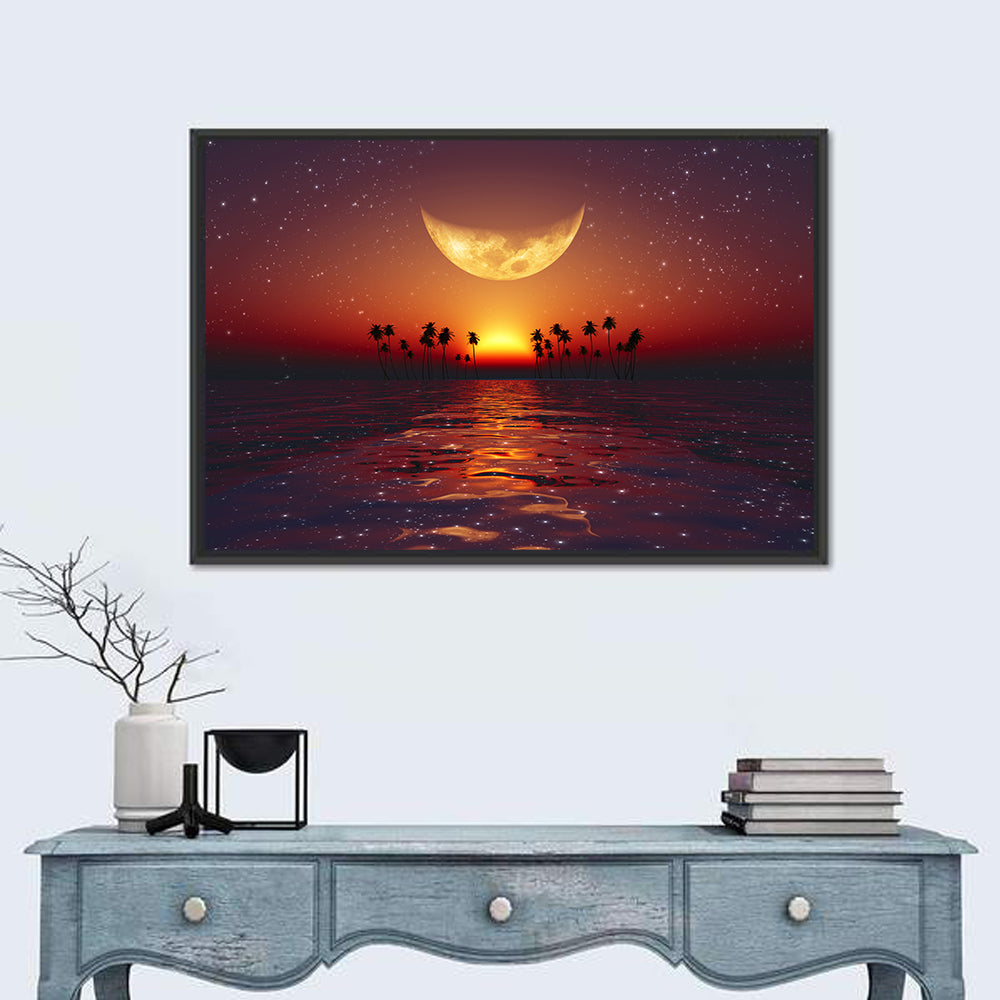 Golden Crescent Over Tropical Sunset Wall Art in a room, landscape