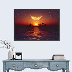 Yellow Moon Over Red Sunset At Tropical Sea Wall Art