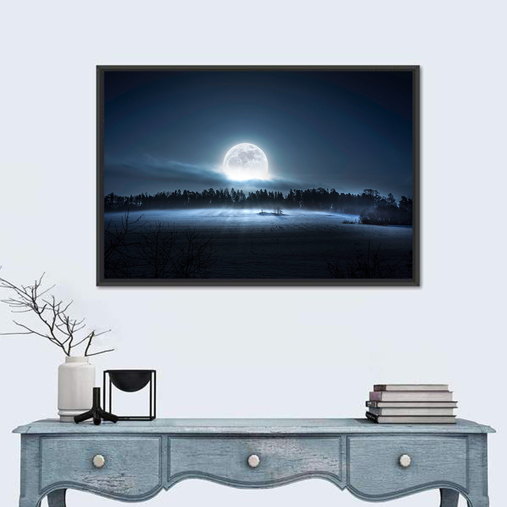 Moon Rising Over Forest Wall Art in a room, landscape