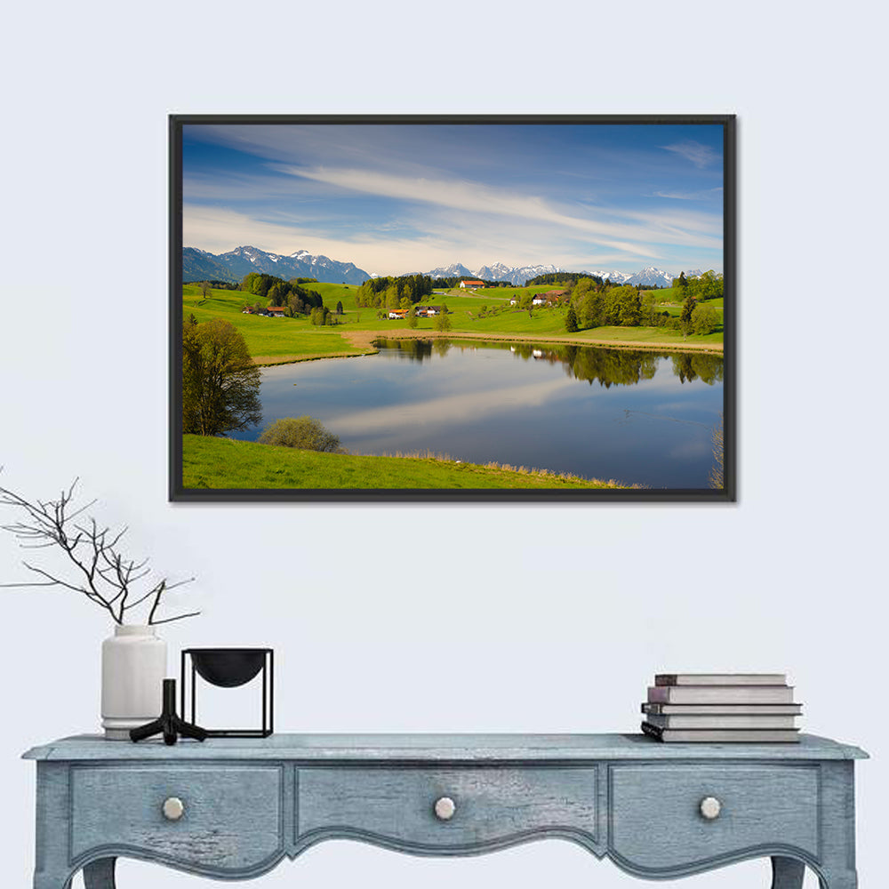 Bavarian Mountain Lake Wall Art in a room, landscape