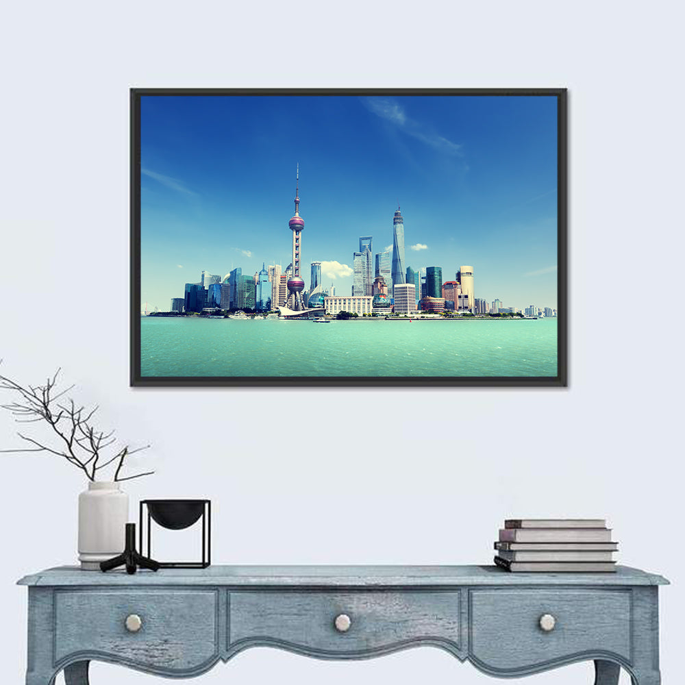 Shanghai Skyline Wall Art in a room, landscape