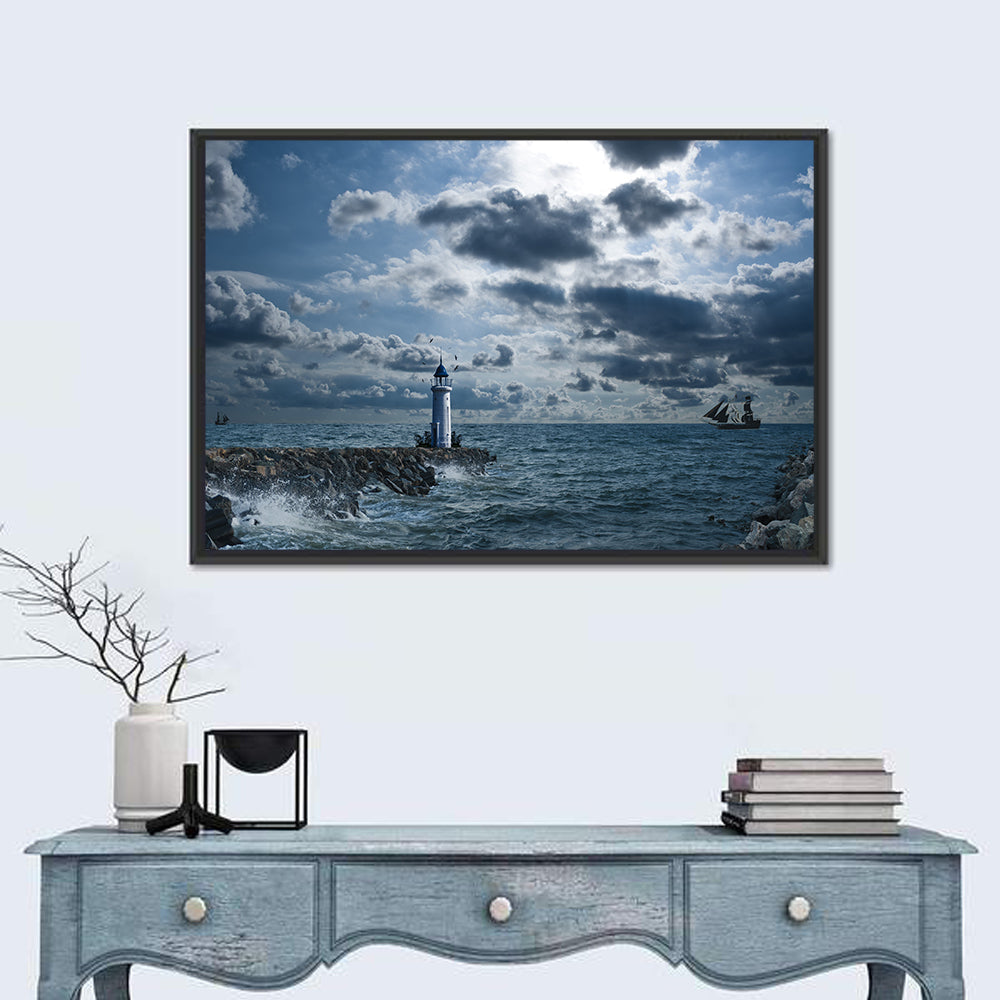 Lighthouse Under Storm Wall Art in a room, landscape