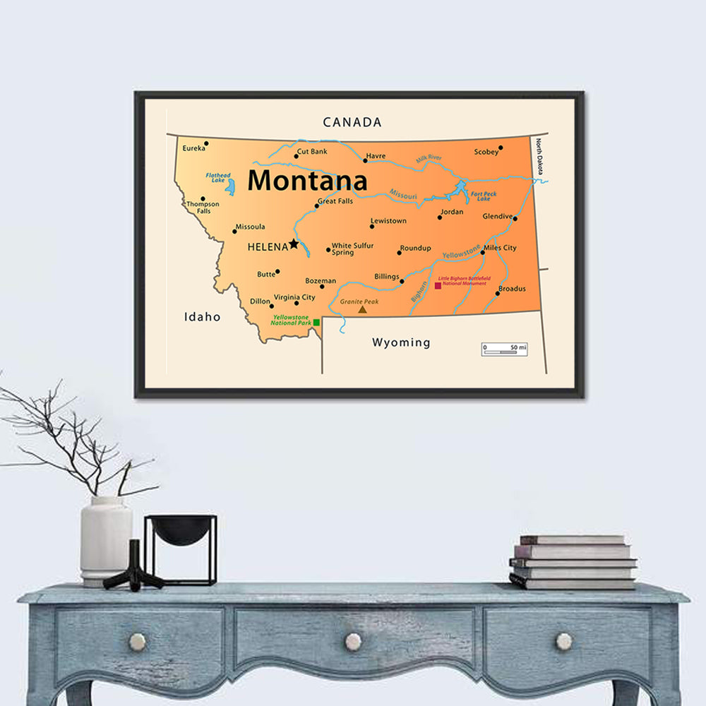Montana State Map Wall Art in a room, landscape