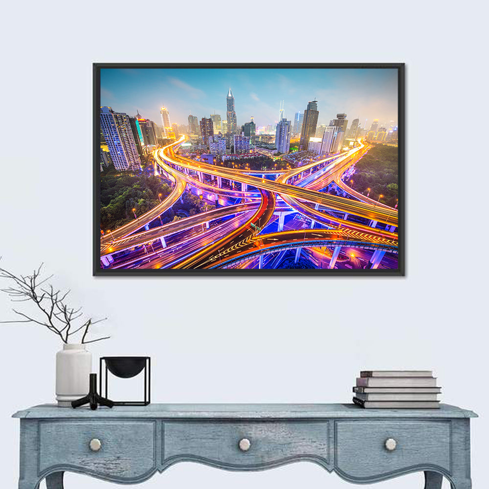 Shanghai Highway Skyline Wall Art in a room, landscape