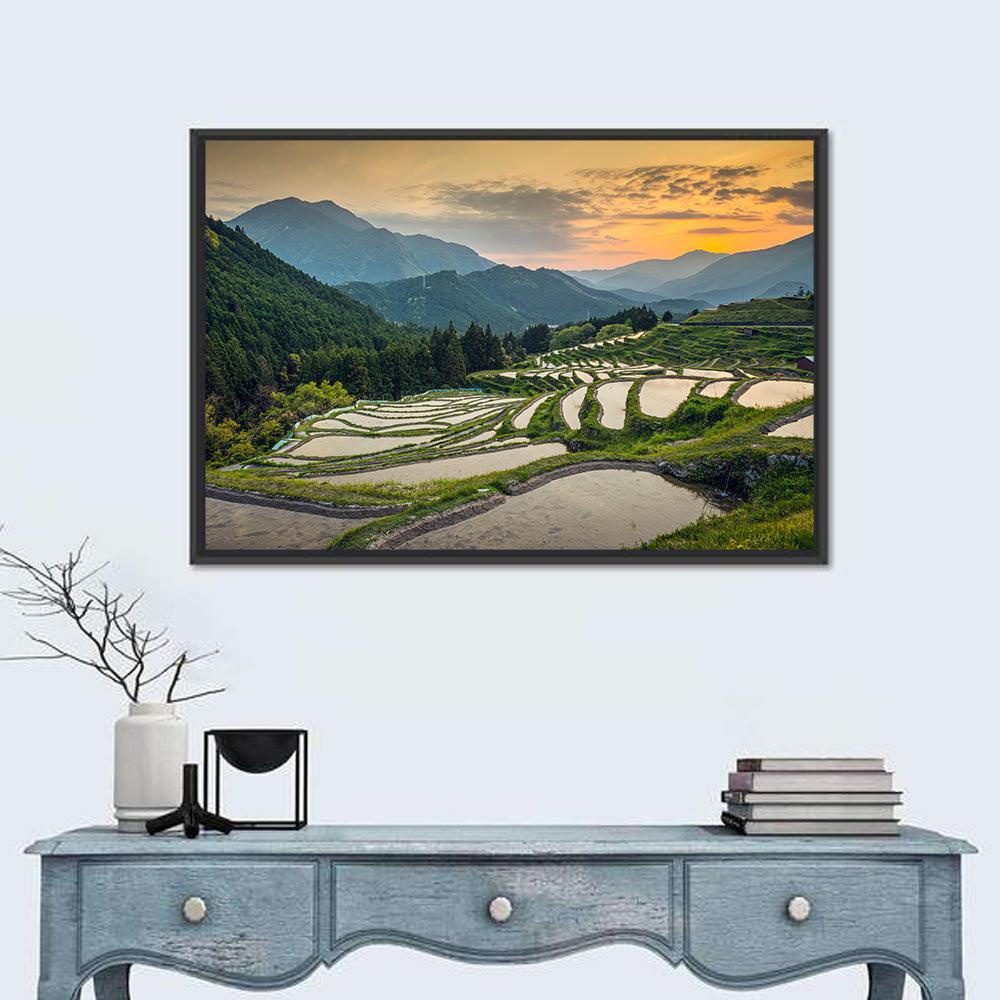 Sunset Over Japanese Rice Terraces Wall Art in a room, landscape