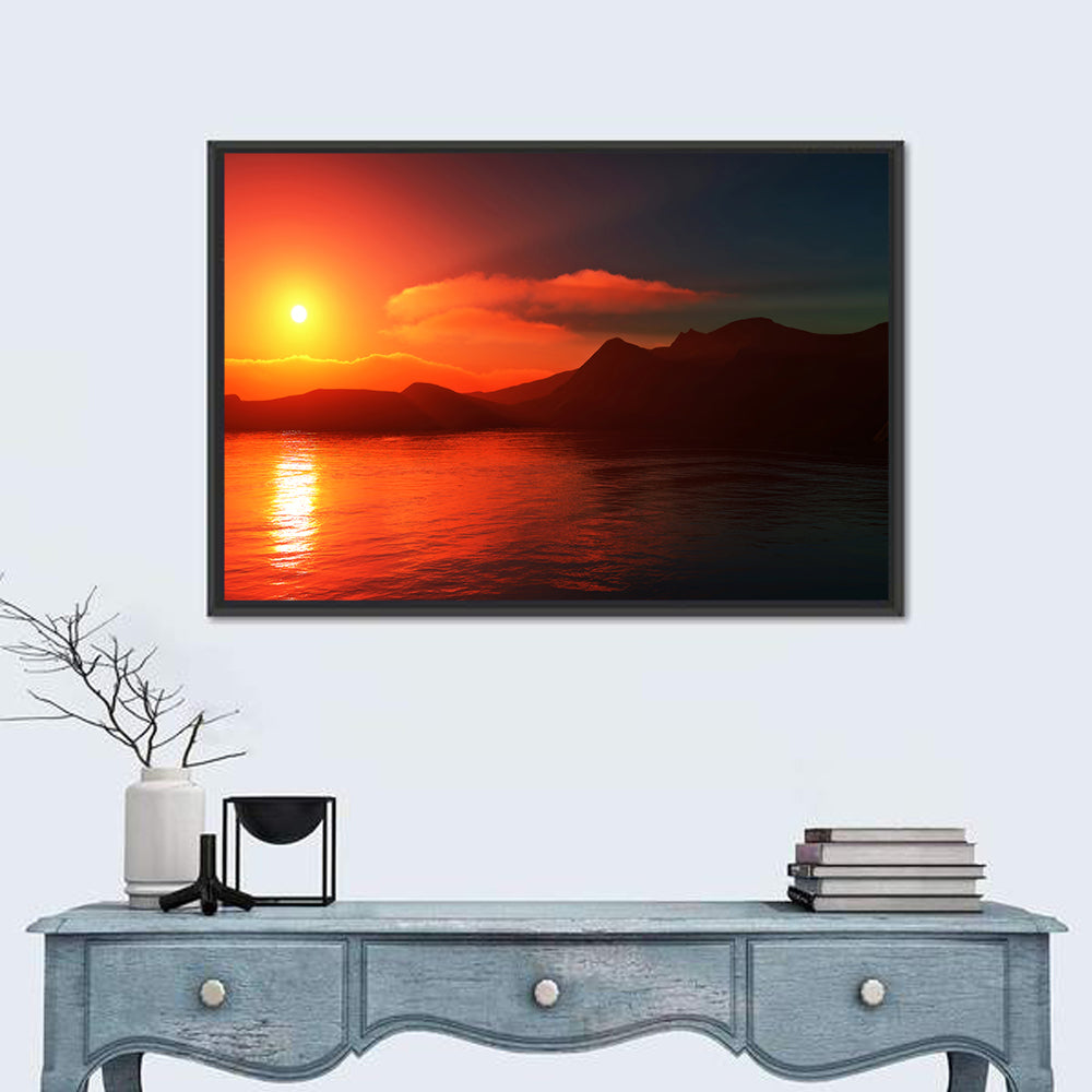 Sunset Reflection Over Mountain Lake Wall Art in a room, landscape
