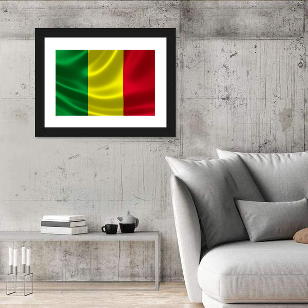 Mali Flag with Waving Fabric Texture Wall Art in a room, landscape
