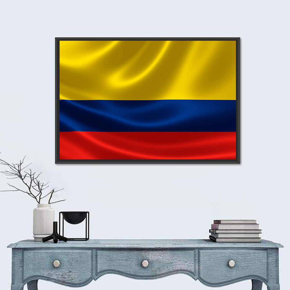 Colombian Flag with Rippling Texture Wall Art in a room, landscape