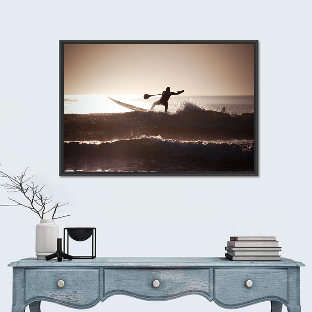 Backlit Paddleboard Silhouette at Sunrise Wall Art in a room, landscape