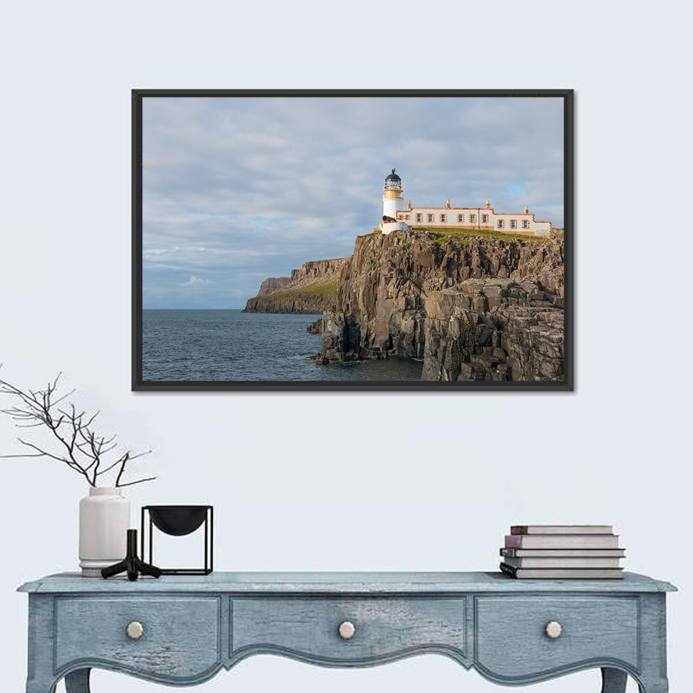 White Lighthouse on Neist Point Cliffs Wall Art in a room, landscape