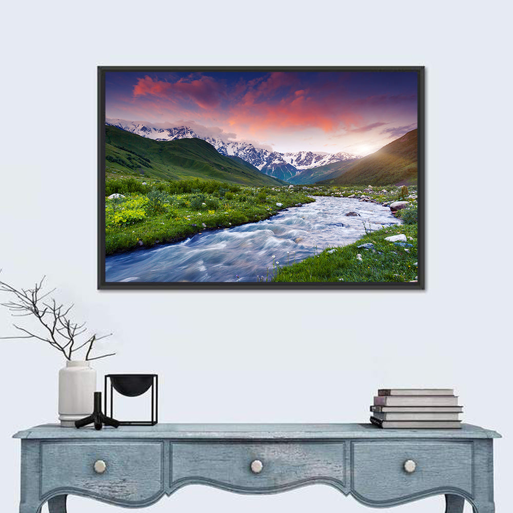Stream at Foot of Mount Shkhara Wall Art in a room, landscape