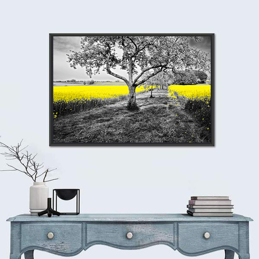 Yellow Oilseed Field with Lone Tree Wall Art in a room, landscape
