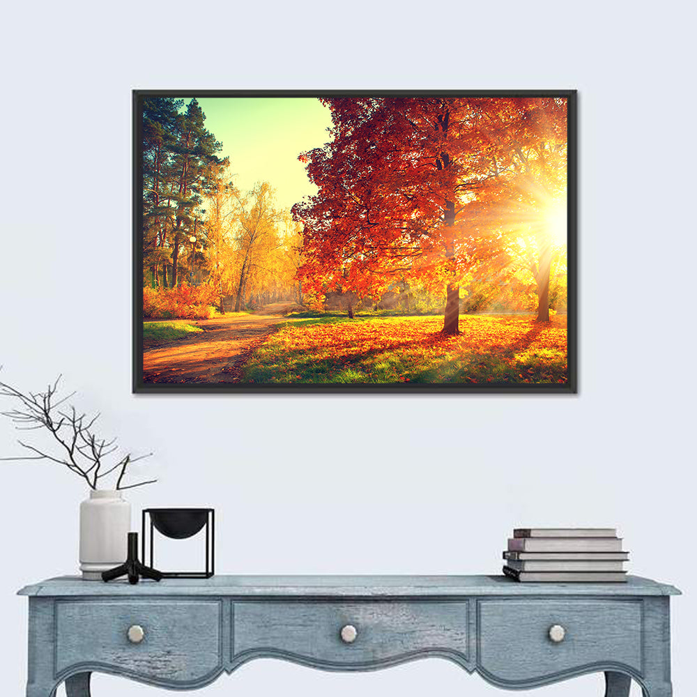Sunlit Autumn Forest Path Wall Art in a room, landscape