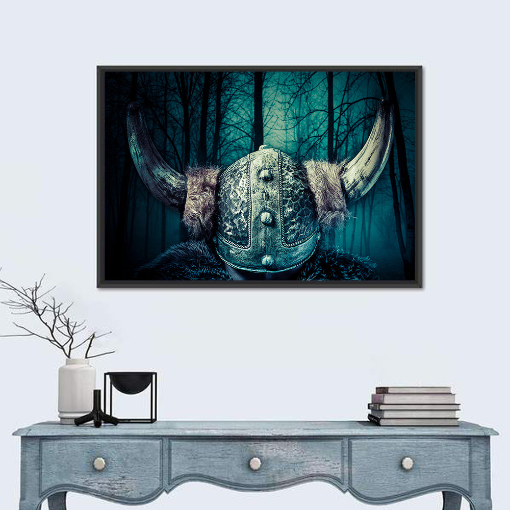 Horned Viking Helmet Wall Art in a room, landscape