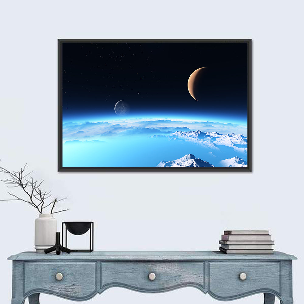 Ice Planet with Crescent Moon Wall Art in a room, landscape
