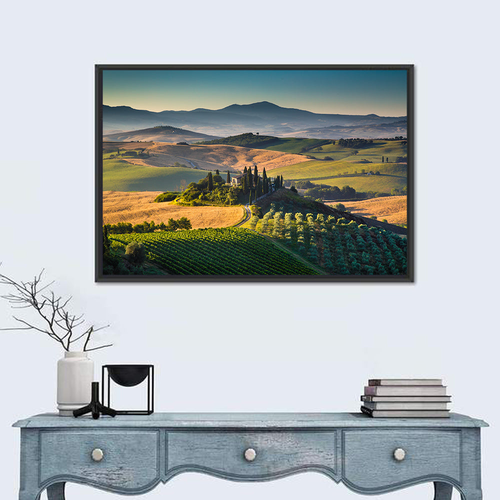 Tuscany Hilltop Villa Wall Art in a room, landscape