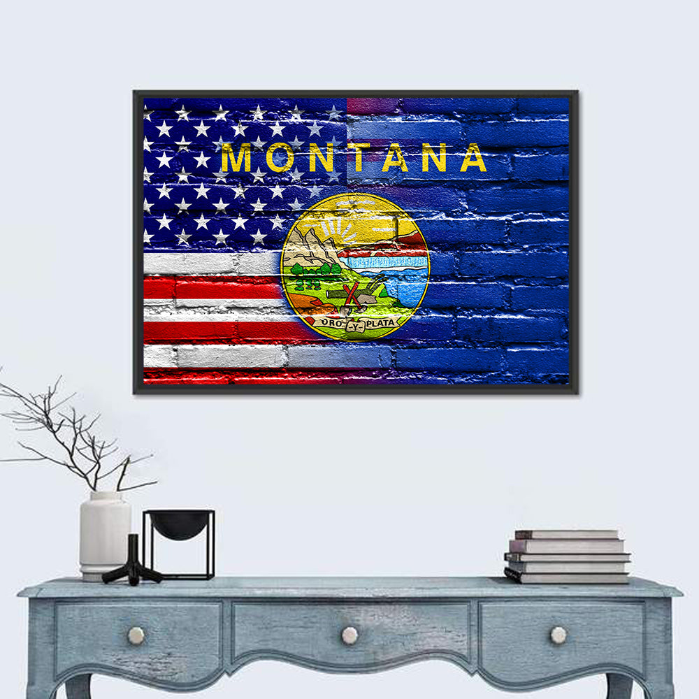 United States and Montana Flag Wall Art in a room, landscape
