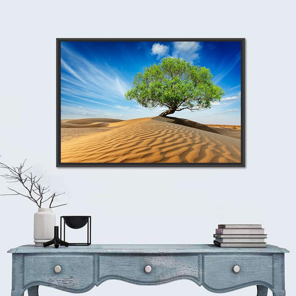 Solitary Green Tree on Sand Dune Wall Art in a room, landscape